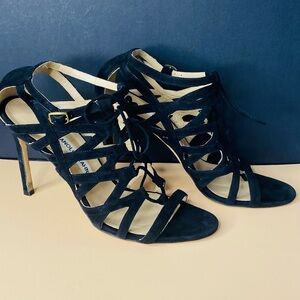 Manolo Blahnik Gladiator Black Suede Strappy Lace-Up Stiletto Sandals Size 38EU